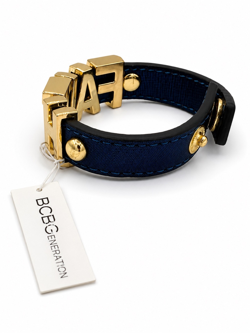 BCBGeneration FAITH Bracelet Gold Letters Navy Blue Faux Leather NWT - Picture 13 of 13